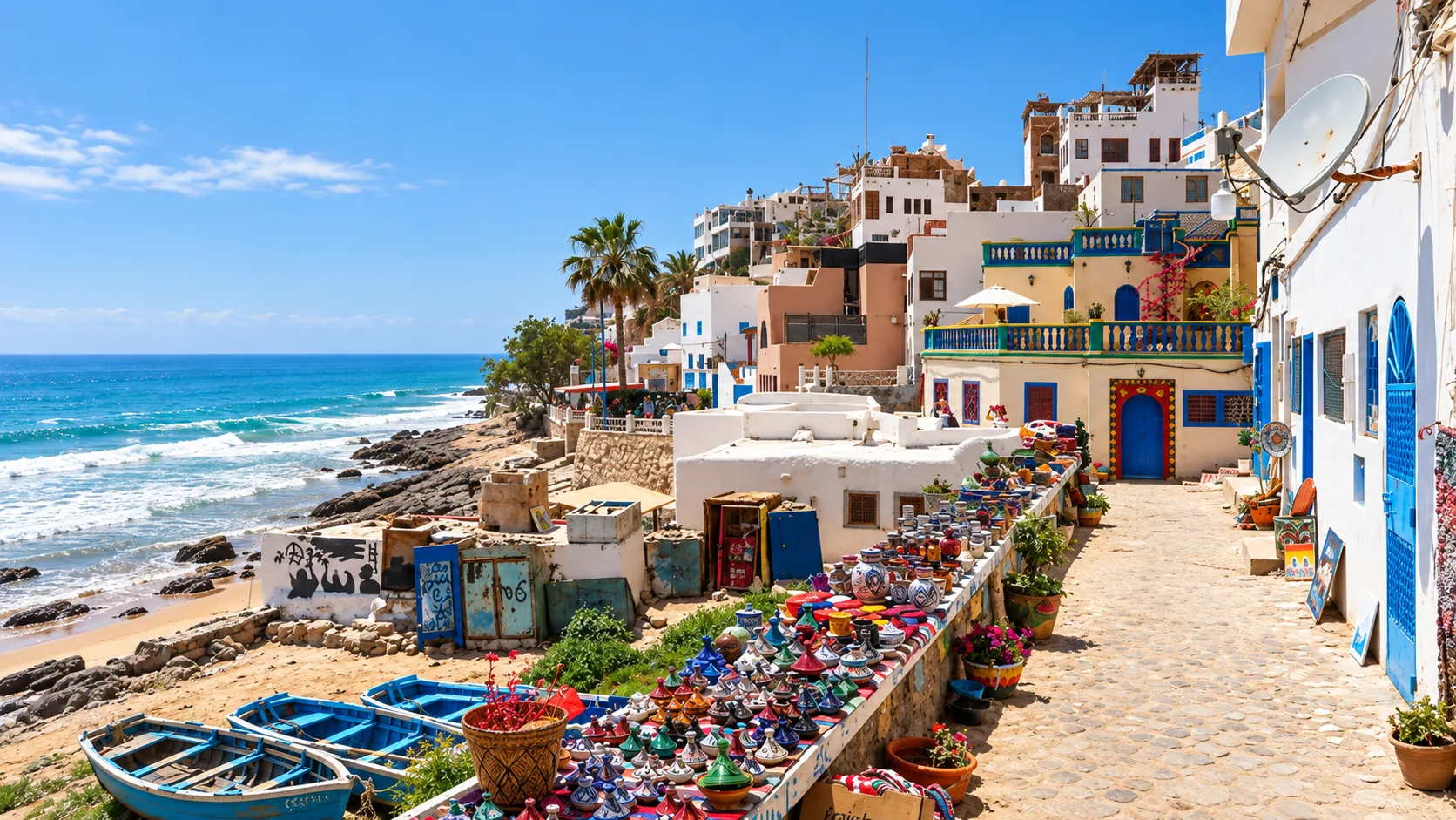 Seafront village buildings beside the Atlantic